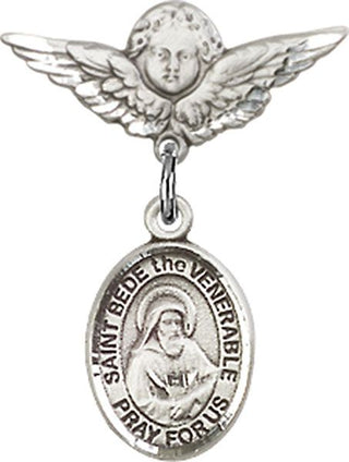 Sterling Silver Small Angel w/Wings St. Bede the Venerable Baby Badge - Engravable