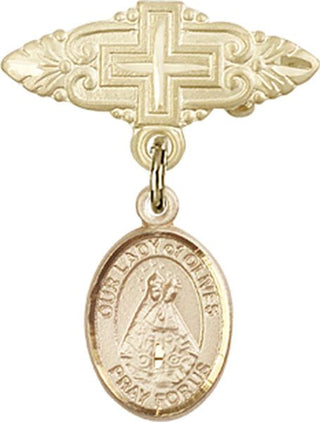14kt Gold Badge Pin With Cross O/L of Olives Baby Badge - Engravable