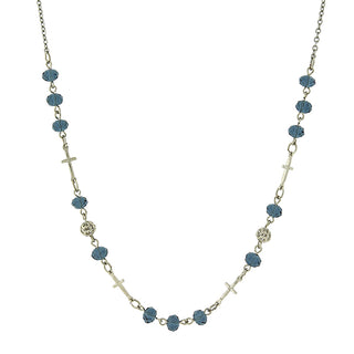 Silver-Tone Blue Bead Cross Necklace