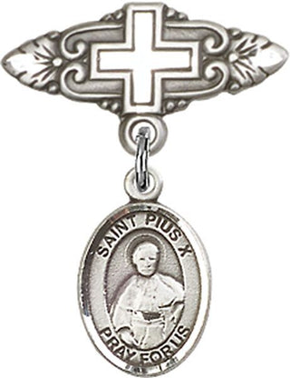Sterling Silver Badge Pin With Cross St. Pius X Baby Badge - Engravable