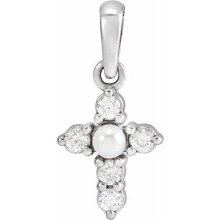 Platinum Cultured White Seed Pearl & .07 CTW Natural Diamond Cross Pendant
