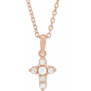 14K Rose Cultured White Seed Pearl & .07 CTW Natural Diamond Cross 16-18" Necklace