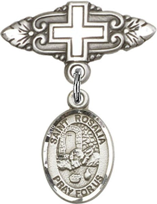 Sterling Silver Badge Pin With Cross St. Rosalia Baby Badge - Engravable