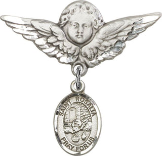 Sterling Silver Large Angel w/Wings St. Rosalia Baby Badge - Engravable