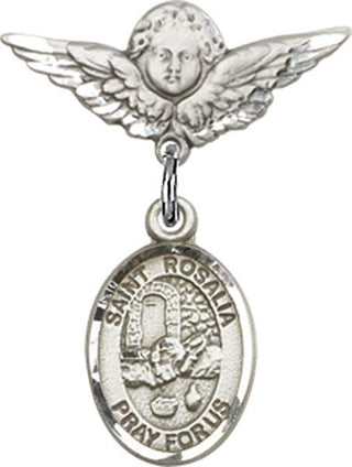 Sterling Silver Small Angel w/Wings St. Rosalia Baby Badge - Engravable