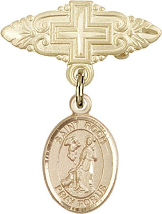 14kt Gold Badge Pin With Cross St. Roch Baby Badge - Engravable