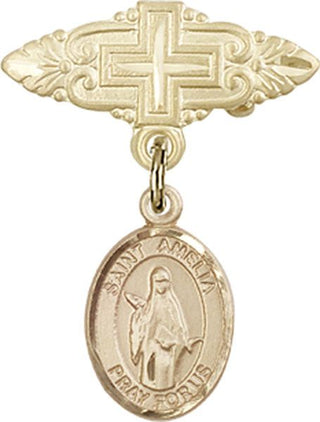 14kt Gold Badge Pin With Cross St. Amelia Baby Badge - Engravable