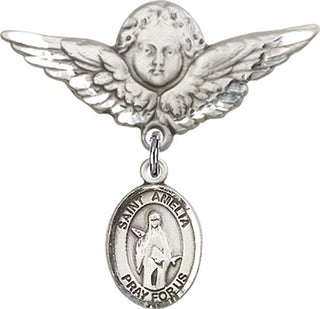 Sterling Silver Large Angel w/Wings St. Amelia Baby Badge - Engravable