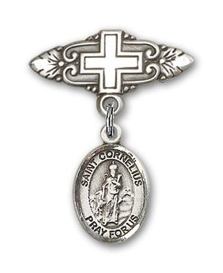 Sterling Silver Badge Pin With Cross St. Cornelius Baby Badge - Engravable