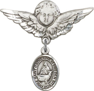 Sterling Silver Large Angel w/Wings St. Catherine of Sweden Baby Badge - Engravable