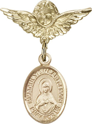 14kt Gold Filled Small Angel w/Wings Immaculate Heart of Mary Baby Badge - Engravable