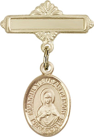 14kt Gold Polished Badge Pin Immaculate Heart of Mary Baby Badge - Engravable