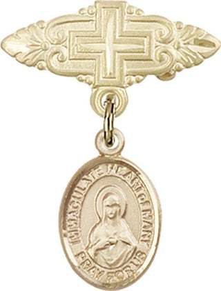 14kt Gold Badge Pin With Cross Immaculate Heart of Mary Baby Badge - Engravable