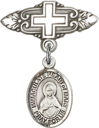 Sterling Silver Badge Pin With Cross Immaculate Heart of Mary Baby Badge - Engravable