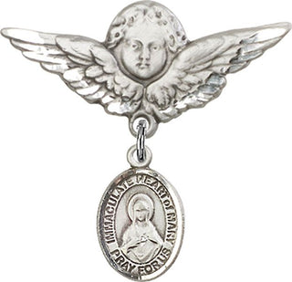 Sterling Silver Large Angel w/Wings Immaculate Heart of Mary Baby Badge - Engravable