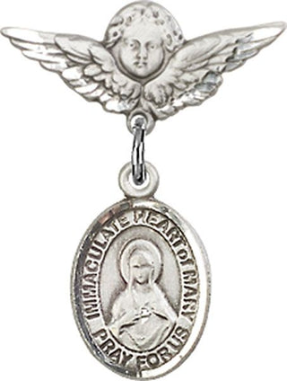 Sterling Silver Small Angel w/Wings Immaculate Heart of Mary Baby Badge - Engravable