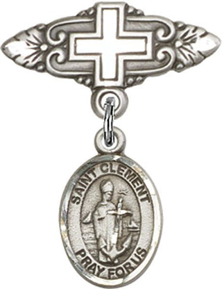 Sterling Silver Badge Pin With Cross St. Clement Baby Badge - Engravable