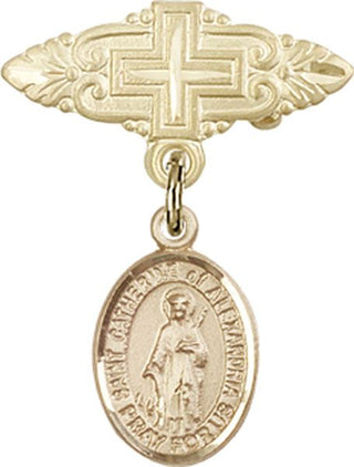 14kt Gold Filled Badge Pin With Cross St. Catherine of Alexandria Baby Badge - Engravable