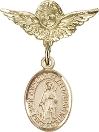 14kt Gold Small Angel w/Wings St. Catherine of Alexandria Baby Badge - Engravable