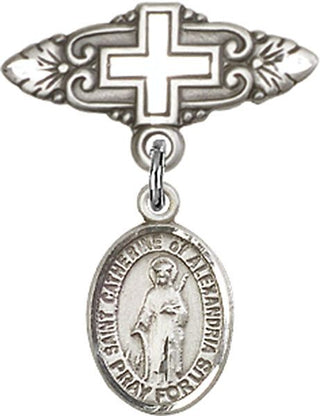 Sterling Silver Badge Pin With Cross St. Catherine of Alexandria Baby Badge - Engravable