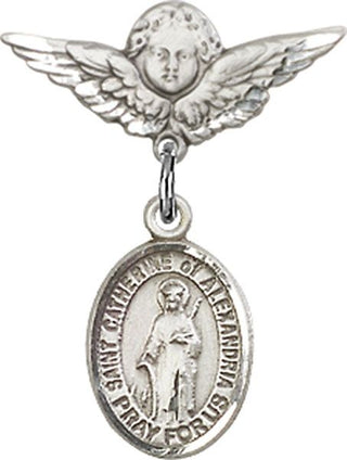 Sterling Silver Small Angel w/Wings St. Catherine of Alexandria Baby Badge - Engravable