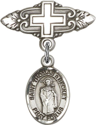 Sterling Silver Badge Pin With Cross St. Thomas A Becket Baby Badge - Engravable
