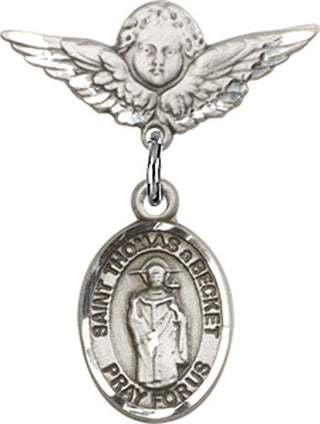 Sterling Silver Small Angel w/Wings St. Thomas A Becket Baby Badge - Engravable