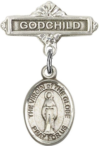 Sterling Silver Godchild Virgin of the Globe Baby Badge - Engravable