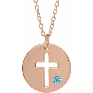 14K Rose Natural Zircon Pierced Cross Disc 16-18" Necklace