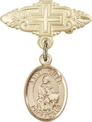 14kt Gold Badge Pin With Cross St. Giles Baby Badge - Engravable