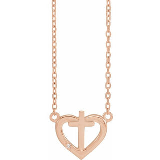 14K Rose .0025 CT Natural Diamond Heart & Cross 18" Necklace