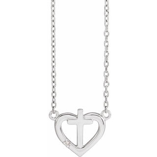 Platinum .0025 CT Natural Diamond Heart & Cross 18" Necklace