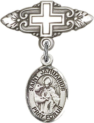 Sterling Silver Badge Pin With Cross St. Januarius Baby Badge - Engravable