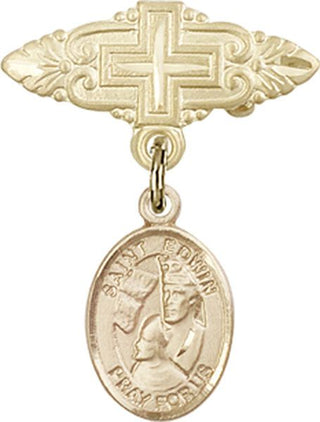 14kt Gold Badge Pin With Cross St. Edwin Baby Badge - Engravable