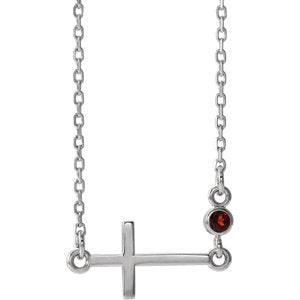 Sterling Silver Garnet Sideways Accented Cross 16-18" Necklace