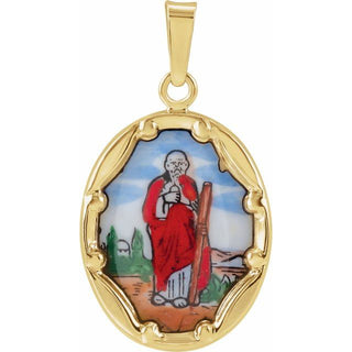 14K Yellow 17x13.5 mm Oval Hand Painted Porcelain Saint Jude Medal