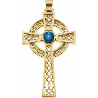 14K Yellow Natural Blue Star Sapphire Celtic-Inspired Cross Pendant