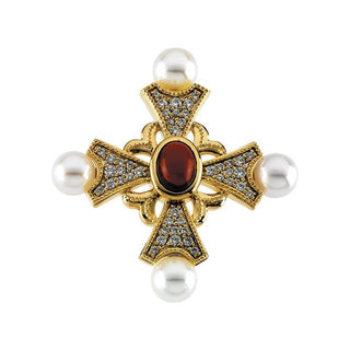 14K Yellow Natural Mozambique Garnet, Cultured White Akoya Pearl & 1/2 CTW Natural Diamond Cross Pendant 