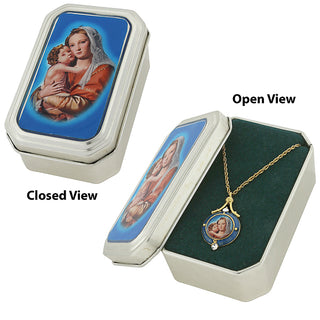14K Gold-Dipped Enamel Mary and Child Necklace with Tin Gift Box