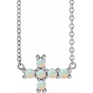 14K White Natural White Opal Sideways Cross 18" Necklace