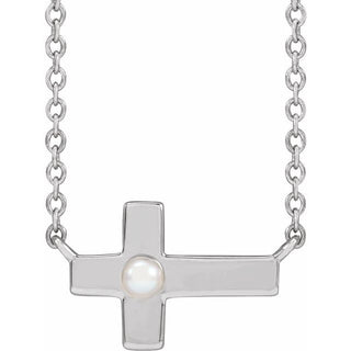 14K White Cultured White Seed Pearl Sideways Cross 16-18" Necklace