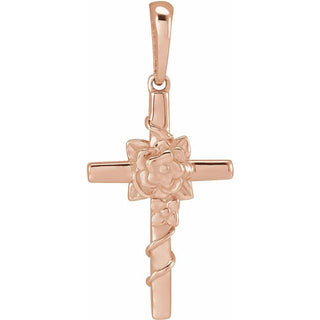 14K Rose Floral Cross Pendant