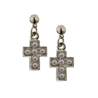Silver-Tone Crystal Cross Drop Earrings