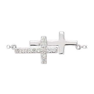 Sterling Silver Imitation Cubic Zirconia Double Sideways Cross 16-18" Necklace