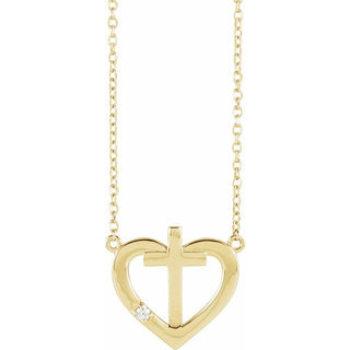 14K Yellow .015 CT Natural Diamond Heart & Cross 18" Necklace