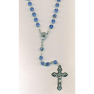 6mm Sapphire Glass Rosary with triple layer Crucifix Boxed