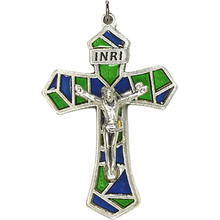 Bulk 1-1/4 inch Blue/Green Enameled Crucifix
