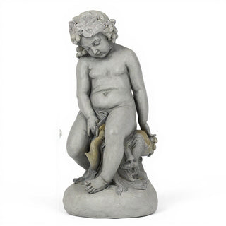 Como Cherub & Lion Statue - 34-inch — Limestone finish