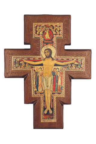 San Damiano Cross on Walnut Stained Boarder 11.5"