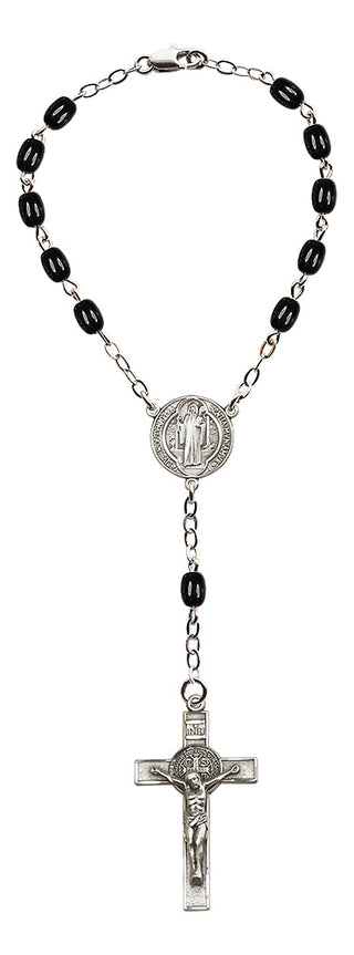 Silver Plated 4x8mm Black Beads Saint Benedict Auto Rosary